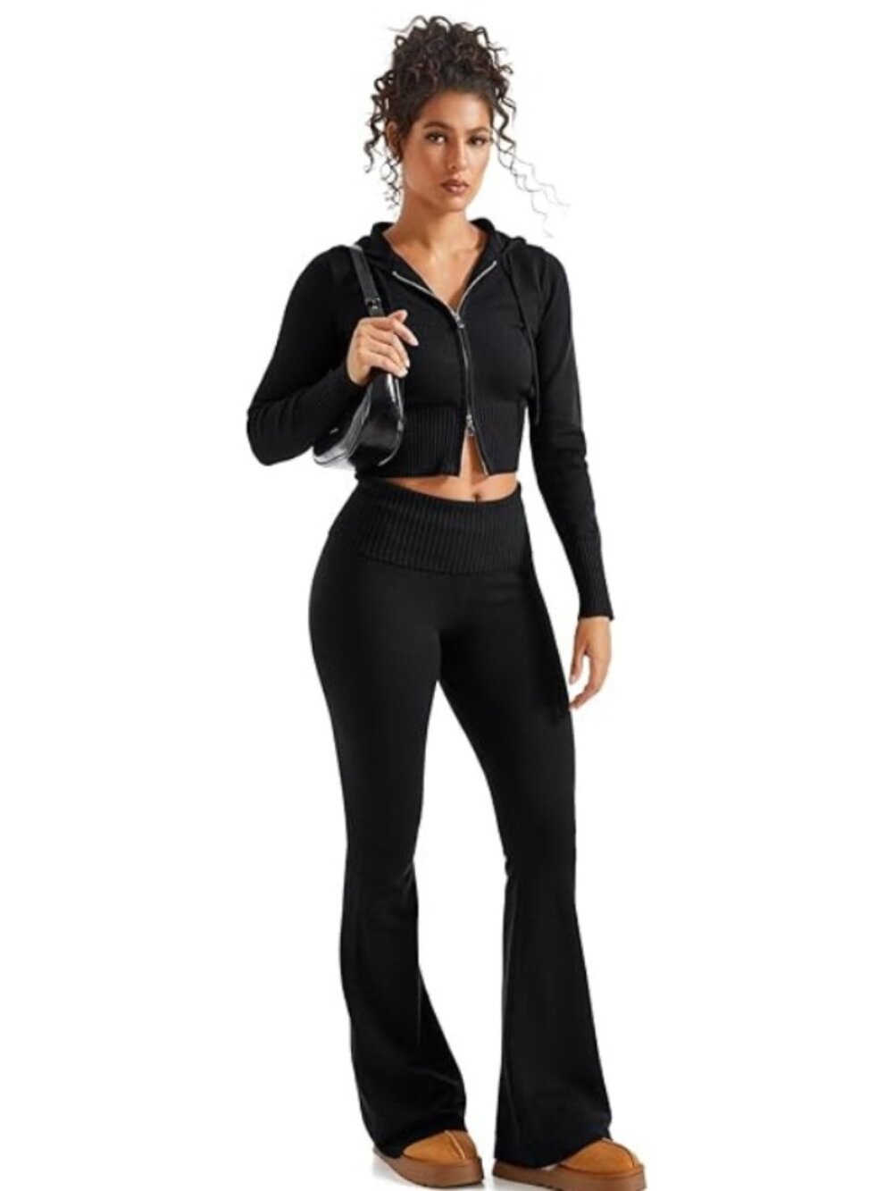 2 Piece Knit Set Cropped Zip Up Hoodie Foldover Flare Leg Pants Sweatsuit - Picture 4 of 7